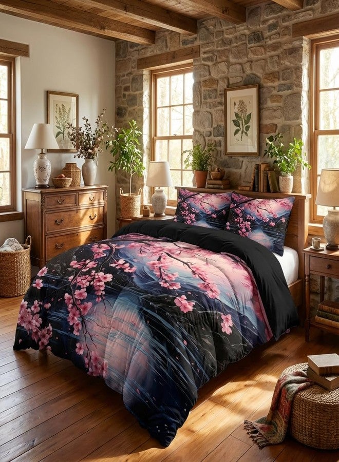 CCoutueChen Cherry Blossoms Bedding Set Queen Size, Black Pink Japanese Comforter Set for Girls, 3Pcs Soft Microfiber Quilted Set with 2 Pillowcases, 90"x90" - Image 1