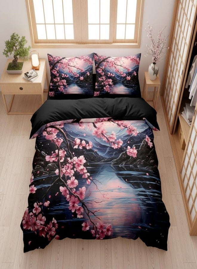 CCoutueChen Cherry Blossoms Bedding Set Queen Size, Black Pink Japanese Comforter Set for Girls, 3Pcs Soft Microfiber Quilted Set with 2 Pillowcases, 90"x90" - Image 2