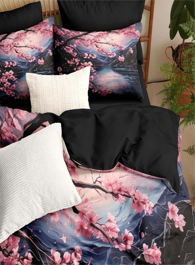CCoutueChen Cherry Blossoms Bedding Set Queen Size, Black Pink Japanese Comforter Set for Girls, 3Pcs Soft Microfiber Quilted Set with 2 Pillowcases, 90"x90" - Image 3