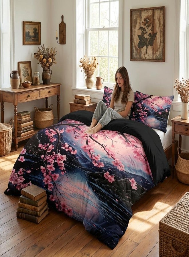 CCoutueChen Cherry Blossoms Bedding Set Queen Size, Black Pink Japanese Comforter Set for Girls, 3Pcs Soft Microfiber Quilted Set with 2 Pillowcases, 90"x90" - Image 4
