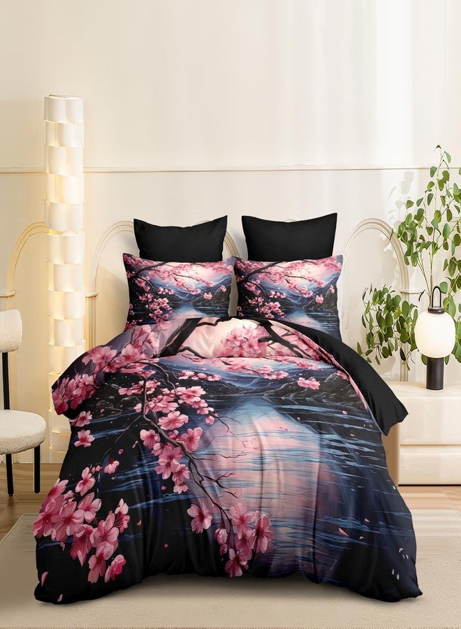 CCoutueChen Cherry Blossoms Bedding Set Queen Size, Black Pink Japanese Comforter Set for Girls, 3Pcs Soft Microfiber Quilted Set with 2 Pillowcases, 90"x90" - Image 5