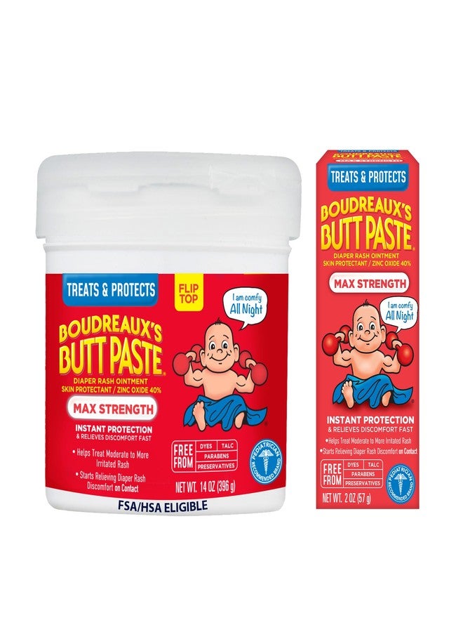 Boudreaux's Butt Paste Maximum Strength Diaper Rash Cream, Diaper Cream for Baby, Fast Relief & Overnight Protection for Moderate to More Irritated Rash, Pediatrician-Recommended, 2 oz & 14 oz - Image 1
