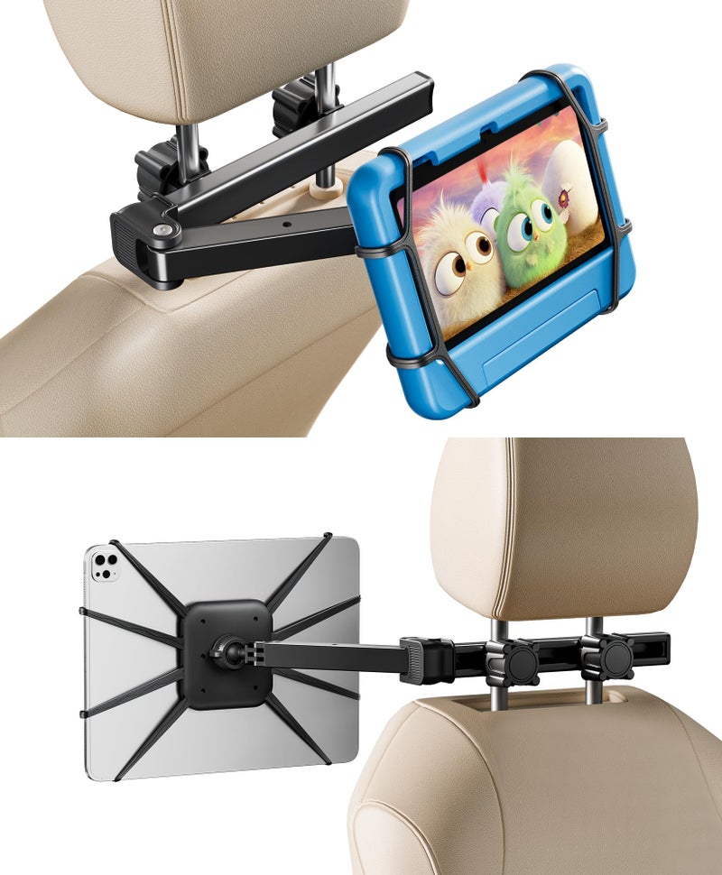 FANGOR Tablet Holder for Car - [3 in 1 Adjustable Extension Arm] Upgraded iPad Holder for car Backseat with Holding Net, Road Trip Essentials for Kids, for 7-13" iPad Pro, Air, Mini, Galaxy, Fire HD - Image 1