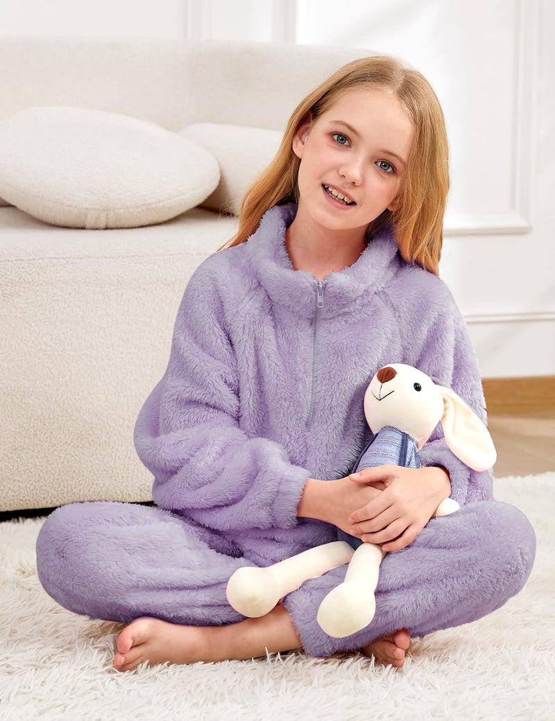 Yimoon Girls Fleece Pants Set Fuzzy 2 Piece Outfits Quarter-Zip Sweatshirt Pants Fall Winter Girls Clothing Set(Purple-7Y) - Image 5