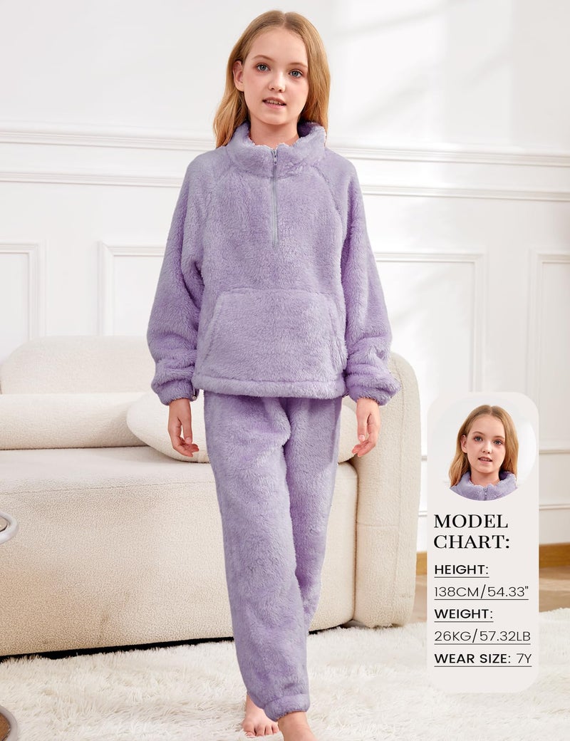 Yimoon Girls Fleece Pants Set Fuzzy 2 Piece Outfits Quarter-Zip Sweatshirt Pants Fall Winter Girls Clothing Set(Purple-7Y) - Image 3