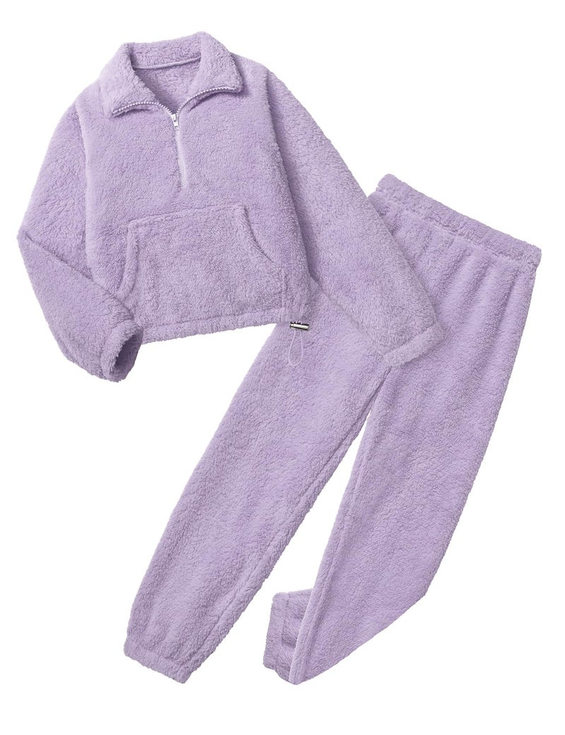 Yimoon Girls Fleece Pants Set Fuzzy 2 Piece Outfits Quarter-Zip Sweatshirt Pants Fall Winter Girls Clothing Set(Purple-7Y) - Image 1