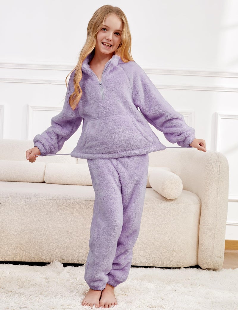 Yimoon Girls Fleece Pants Set Fuzzy 2 Piece Outfits Quarter-Zip Sweatshirt Pants Fall Winter Girls Clothing Set(Purple-7Y) - Image 4