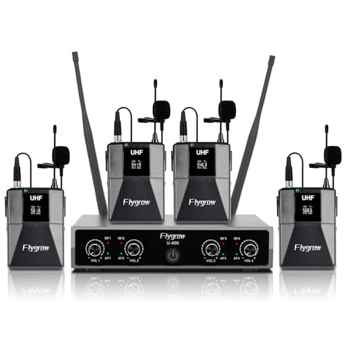 Flygrow Pro UHF 4 Channel Wireless Microphone System with Lapel Lavalier Mics, UHF Bodypack Cordless Lavalier Mic System Set, Auto Scan,Ideal for Home Karaoke Church Meeting,250ft Range(4 Bodypack) - Image 1