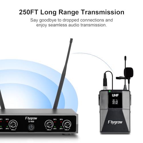 Flygrow Pro UHF 4 Channel Wireless Microphone System with Lapel Lavalier Mics, UHF Bodypack Cordless Lavalier Mic System Set, Auto Scan,Ideal for Home Karaoke Church Meeting,250ft Range(4 Bodypack) - Image 2