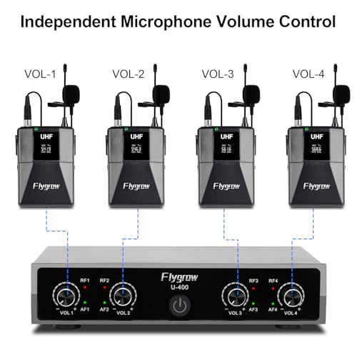 Flygrow Pro UHF 4 Channel Wireless Microphone System with Lapel Lavalier Mics, UHF Bodypack Cordless Lavalier Mic System Set, Auto Scan,Ideal for Home Karaoke Church Meeting,250ft Range(4 Bodypack) - Image 3