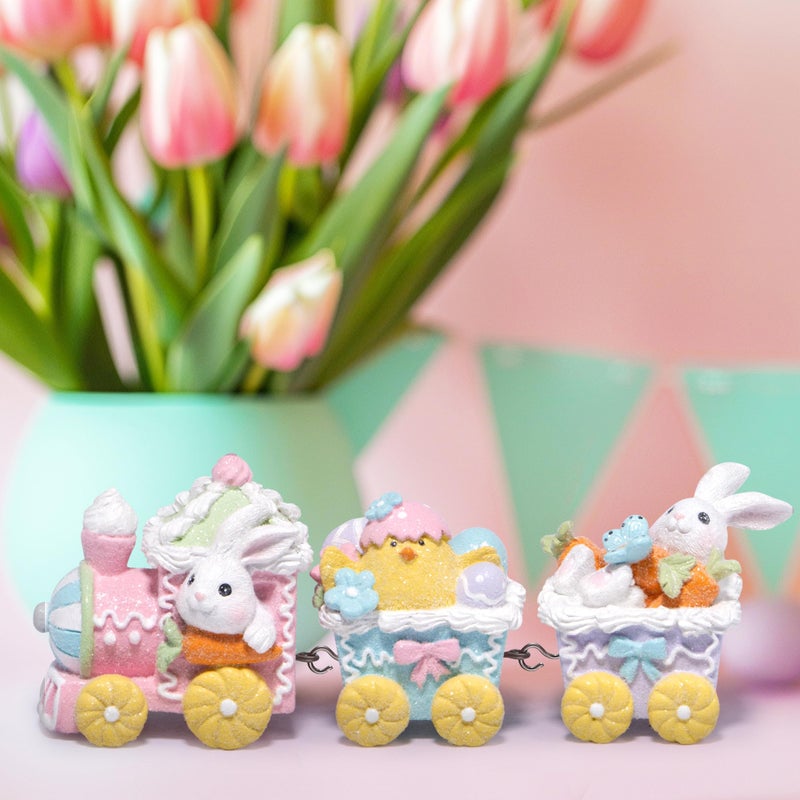 Hodao 9.25" Easter Day Bunny Train Decoration Spring Family Warmth Figurines Spring Bunny Decor Handmade Gingerbread Train Figurines for Home Decor Gifts - Easter Day Party (Multicolor) - Image 5