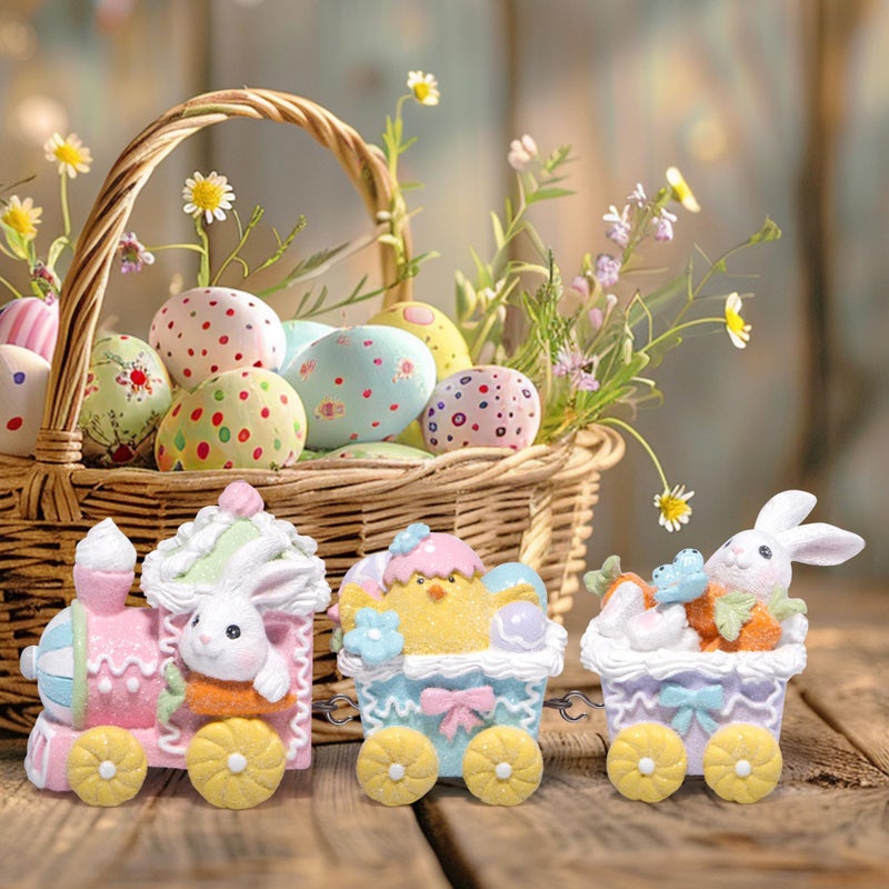 Hodao 9.25" Easter Day Bunny Train Decoration Spring Family Warmth Figurines Spring Bunny Decor Handmade Gingerbread Train Figurines for Home Decor Gifts - Easter Day Party (Multicolor) - Image 4