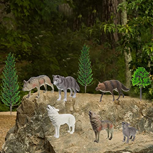 Sratte 26 Pcs Woodland Wolf Figurines Toys Small Wolf Figures with Model Trees Kit Playset Cake Toppers Diorama Project Kit for Kids Toddlers Birthday Gift Decor - Image 5