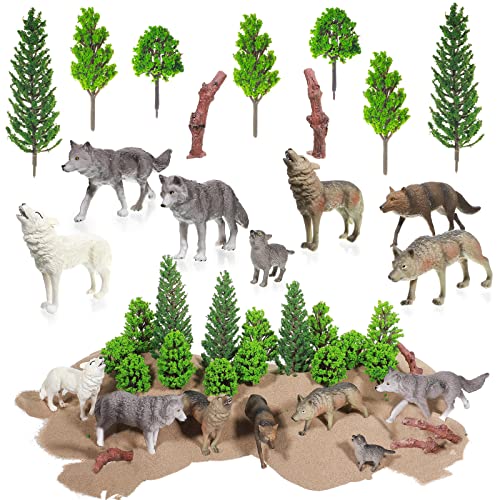 Sratte 26 Pcs Woodland Wolf Figurines Toys Small Wolf Figures with Model Trees Kit Playset Cake Toppers Diorama Project Kit for Kids Toddlers Birthday Gift Decor - Image 1