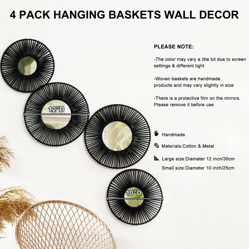 Artilady 4 Pack Macrame Hanging Basket Wall Art - Decorative Woven Basket Boho Wall Hanging, Rustic Black Round Mirrors Natural Cotton Home Decor Set for Bedroom Living Room Nursery - Image 2