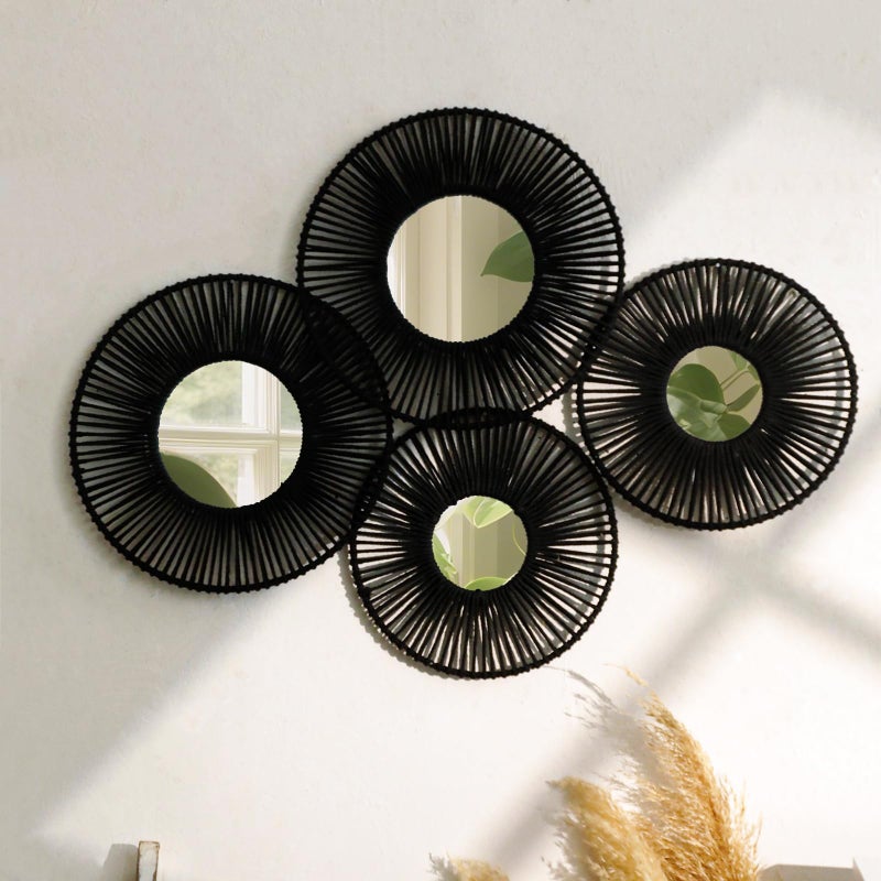 Artilady 4 Pack Macrame Hanging Basket Wall Art - Decorative Woven Basket Boho Wall Hanging, Rustic Black Round Mirrors Natural Cotton Home Decor Set for Bedroom Living Room Nursery - Image 1