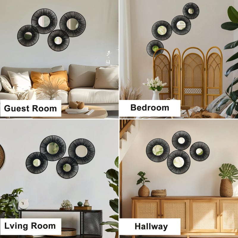 Artilady 4 Pack Macrame Hanging Basket Wall Art - Decorative Woven Basket Boho Wall Hanging, Rustic Black Round Mirrors Natural Cotton Home Decor Set for Bedroom Living Room Nursery - Image 5