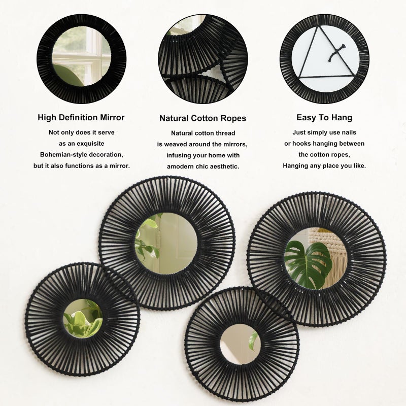 Artilady 4 Pack Macrame Hanging Basket Wall Art - Decorative Woven Basket Boho Wall Hanging, Rustic Black Round Mirrors Natural Cotton Home Decor Set for Bedroom Living Room Nursery - Image 4