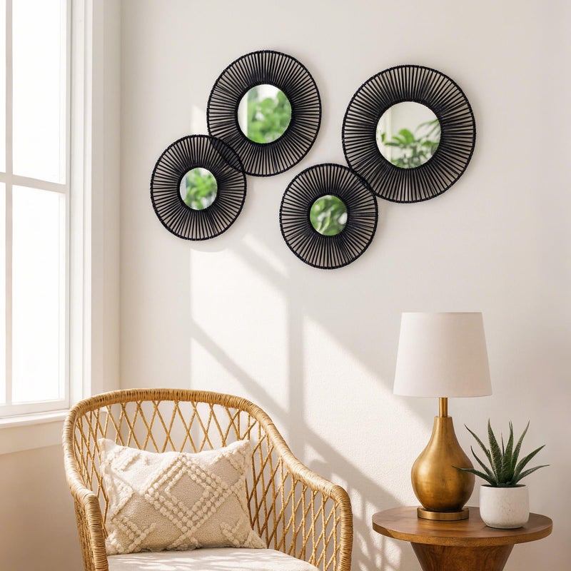 Artilady 4 Pack Macrame Hanging Basket Wall Art - Decorative Woven Basket Boho Wall Hanging, Rustic Black Round Mirrors Natural Cotton Home Decor Set for Bedroom Living Room Nursery - Image 3