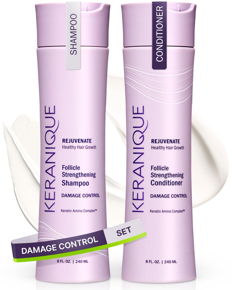Keranique Shampoo and Conditioner for Damaged Hair AntiBreakage Damage Control Set for Thinning Hair Intense Repair Deep Conditioning AntiHairfall Routine wKeratin Great for Colored Hair