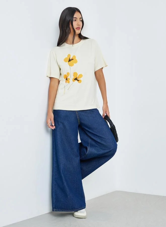 Styli Beige Floral Graphic Print T-Shirt