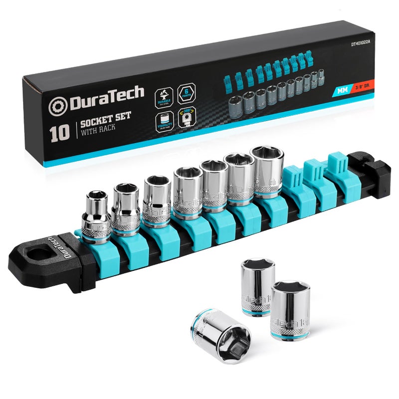 DURATECH 38 Drive Socket Set Metric Socket Set 10PCS Mechanic Metric Socket Sets with Storage Rack 6Point Shallow Socket Set 8mm 10mm 11mm 12mm 13mm 14mm 15mm 16mm 17mm 19mm