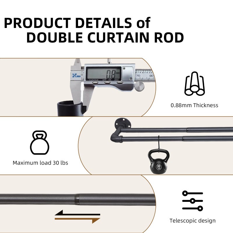 TwinkleTool Industrial Double Curtain Rods for Windows 31 to 52 Inch, Adjustable Telescoping 1 Inch Black Double Curtain Rod Set Heavy Duty Blackout Wrap Around Curtain Rods for Living room, Sliding Glass Door - Image 4