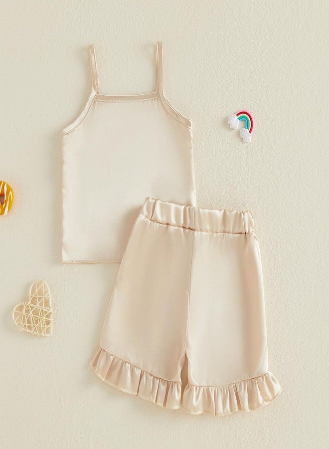 Multitrust Toddler Baby Girl Silk Pajamas Set Solid Spaghetti Strap Tank Tops and Ruffled Shorts Infant Satin Pj Lounge Sets (Apricot, 6-12 Months) - Image 4