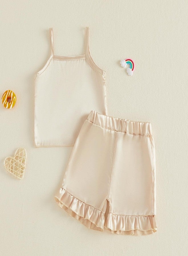 Multitrust Toddler Baby Girl Silk Pajamas Set Solid Spaghetti Strap Tank Tops and Ruffled Shorts Infant Satin Pj Lounge Sets (Apricot, 6-12 Months) - Image 3