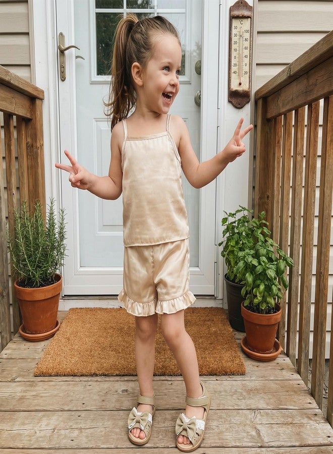 Multitrust Toddler Baby Girl Silk Pajamas Set Solid Spaghetti Strap Tank Tops and Ruffled Shorts Infant Satin Pj Lounge Sets (Apricot, 6-12 Months) - Image 2