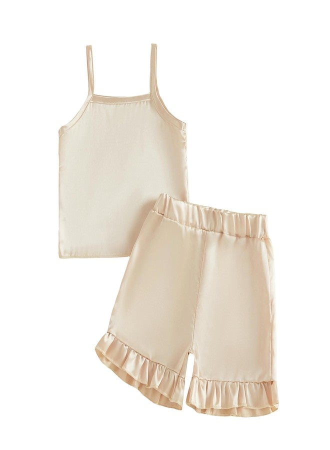Multitrust Toddler Baby Girl Silk Pajamas Set Solid Spaghetti Strap Tank Tops and Ruffled Shorts Infant Satin Pj Lounge Sets (Apricot, 6-12 Months) - Image 1