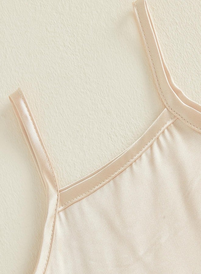 Multitrust Toddler Baby Girl Silk Pajamas Set Solid Spaghetti Strap Tank Tops and Ruffled Shorts Infant Satin Pj Lounge Sets (Apricot, 6-12 Months) - Image 5