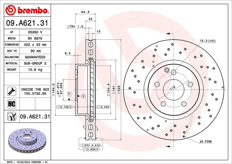 Brembo 09.A621.31 ديسك فرامل أمامي مثقوب ومغطى بالأشعة فوق البنفسجية MERCEDES-BENZ/MERCEDES-BENZ (BBDC) OE# A0004211112 - Image 3