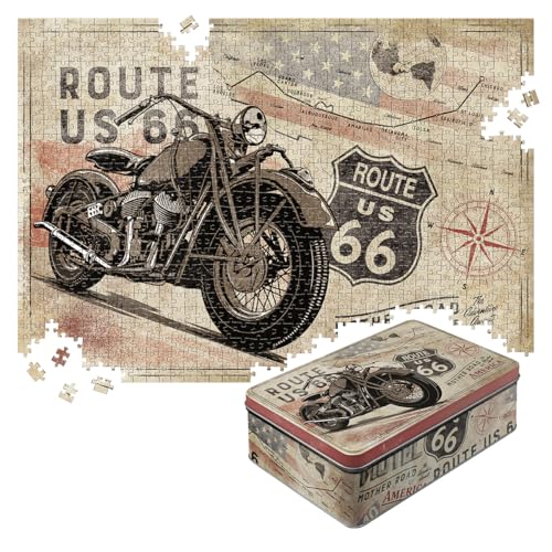 Nostalgic Art NostalgicArt Retro Puzzle 1000 Pieces 189 x 268 Route 66 Bike Map Gift idea for Route 66 Fans for Adults Packed in a tin Box - Image 1