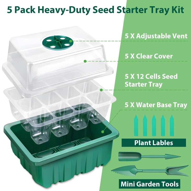 Sfee 5 Pack Seed Starter Tray Kit, 60 Cells Seedling Starter Trays with Humidity Dome and Base Greenhouse Growing Trays, Reusable Seed Germination Seedling Tray with Garden Tools Labels (Green) - Image 2