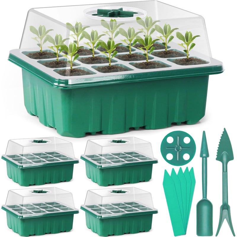 Sfee 5 Pack Seed Starter Tray Kit, 60 Cells Seedling Starter Trays with Humidity Dome and Base Greenhouse Growing Trays, Reusable Seed Germination Seedling Tray with Garden Tools Labels (Green) - Image 1
