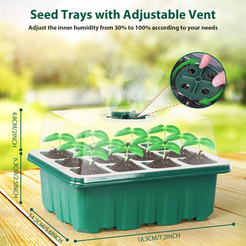 Sfee 5 Pack Seed Starter Tray Kit, 60 Cells Seedling Starter Trays with Humidity Dome and Base Greenhouse Growing Trays, Reusable Seed Germination Seedling Tray with Garden Tools Labels (Green) - Image 3