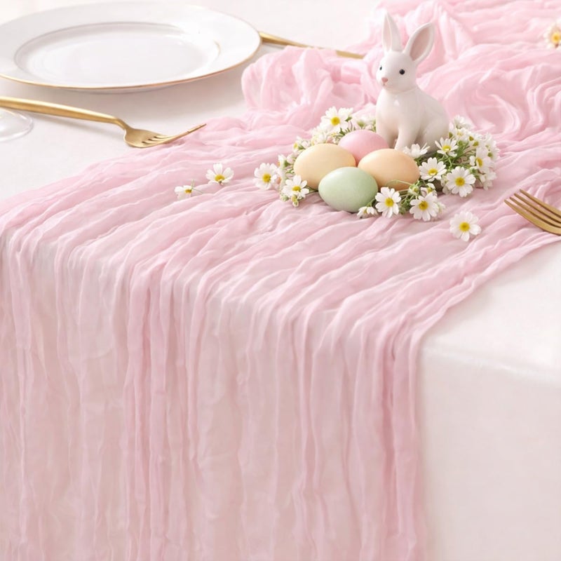 Sioloc Light Pink Cheesecloth Table Runner 120â€ x 35â€, Soft Gauze Boho Wedding Valentines Table Decor for 10ft Table, Romantic Party, Baby Shower, Bridal Shower, Home & Event Decor - Image 1