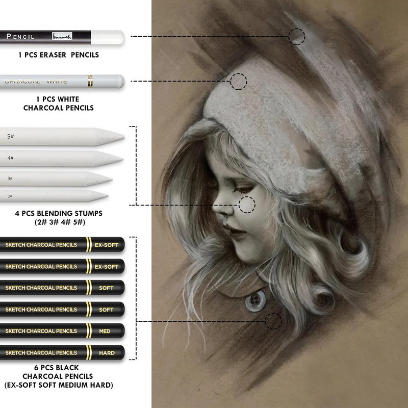 Brusarth Charcoal Drawing Set -12 pc Black charcoal pencils, White Charcoal Pencils, Eraser Pencils, Blending Stumps for Drawing, Sketching, Shading, Artist Pencils for Beginners & Artists - Image 3