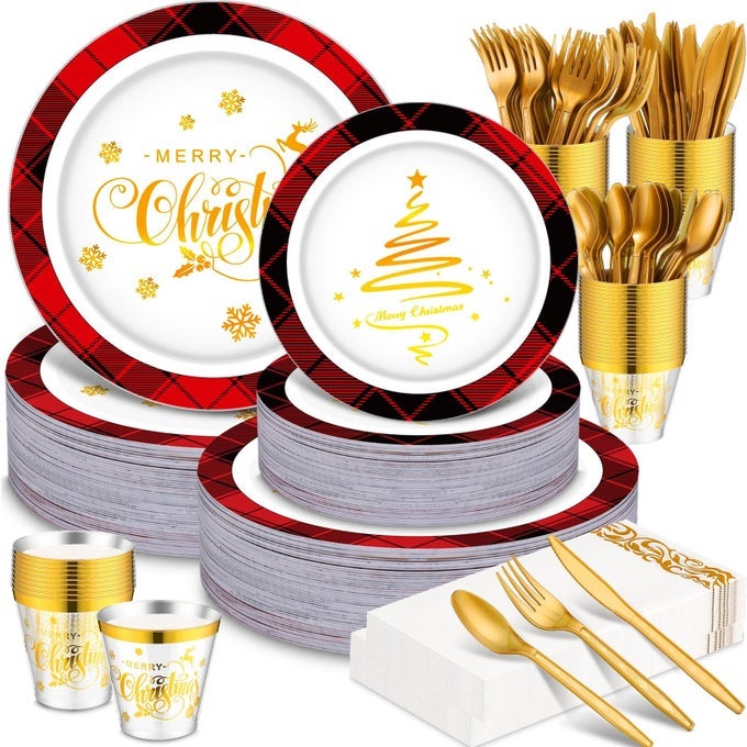 350 PCS CHRISTMAS DISPOSABLE PLATES SET PLASTIC DINNERWARE FOR 50 GUESTS 50 DINNER PLATES 50 SALAD PLATES 50 SPOONS FORKS KNIVES DISPOSABLE GOLD NAPKINS 9 OZ GOLD CUPS