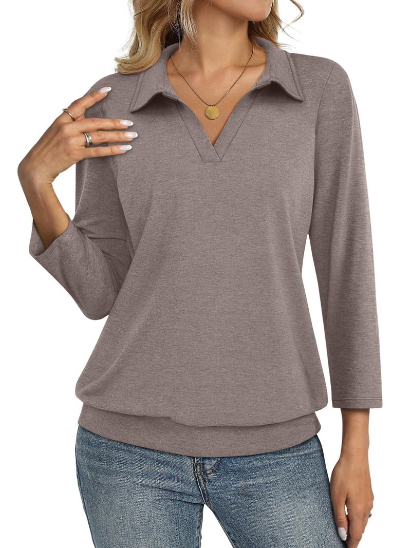 TICTICMISS Womens Polo Shirts 3/4 Sleeve Banded Bottom Tops Business Casual Tops Collared V Neck Blouses - Image 1
