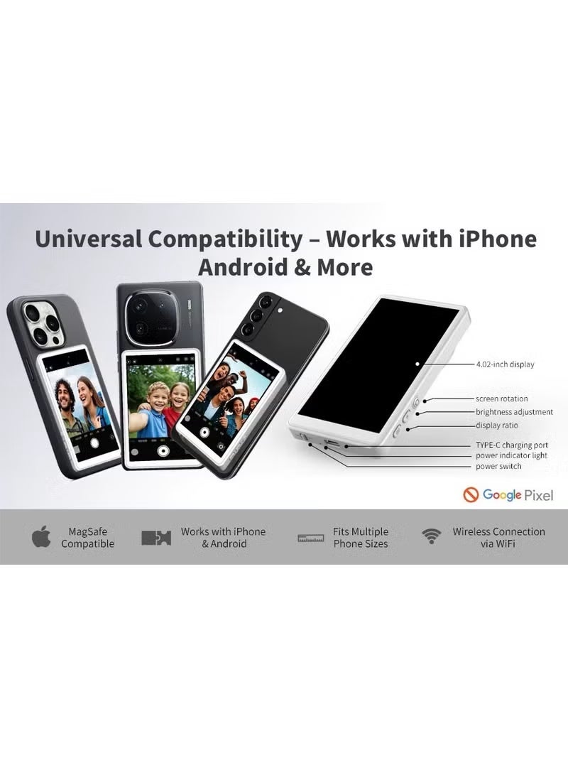 Magnetic Selfie Monitor Screen for iPhone & Android,1800mAh with Bluetooth Remote, 3-Level Brightness & Wide Screen Mode, Using Phone Rear Camera for Selfie Vlog No Delay Live Stream for TikTok - Image 5