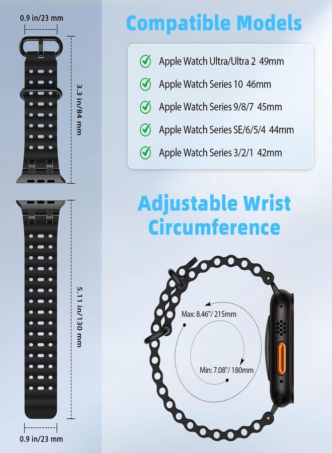 MoKo Ocean Band Compatible with Apple Watch Ultra 3/2/1 49mm, Upgraded Silicone Sports Bands 46mm 45mm 44mm for Men Women, Series 11/10/9/8/7/6/5 SE3/2/1 Breathable Strap with Metal Connector, A-Bk/Bk - Image 2