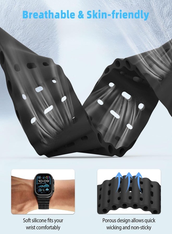 MoKo Ocean Band Compatible with Apple Watch Ultra 3/2/1 49mm, Upgraded Silicone Sports Bands 46mm 45mm 44mm for Men Women, Series 11/10/9/8/7/6/5 SE3/2/1 Breathable Strap with Metal Connector, A-Bk/Bk - Image 3
