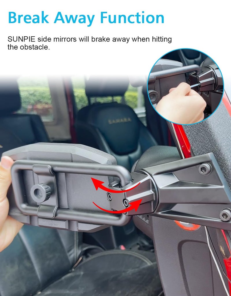 SUNPIE Mirrors Doors off Side Mirror Compatible with Jeep Wrangler JK JKU 2007-2018 2 Doors and 4 Doors, Shockproof Adjustable Wrangler JK Side Mirrors No Vibrate & Wobble, No Fit Doors on - Image 2