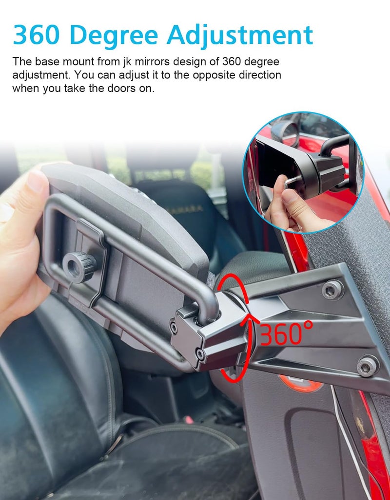 SUNPIE Mirrors Doors off Side Mirror Compatible with Jeep Wrangler JK JKU 2007-2018 2 Doors and 4 Doors, Shockproof Adjustable Wrangler JK Side Mirrors No Vibrate & Wobble, No Fit Doors on - Image 3
