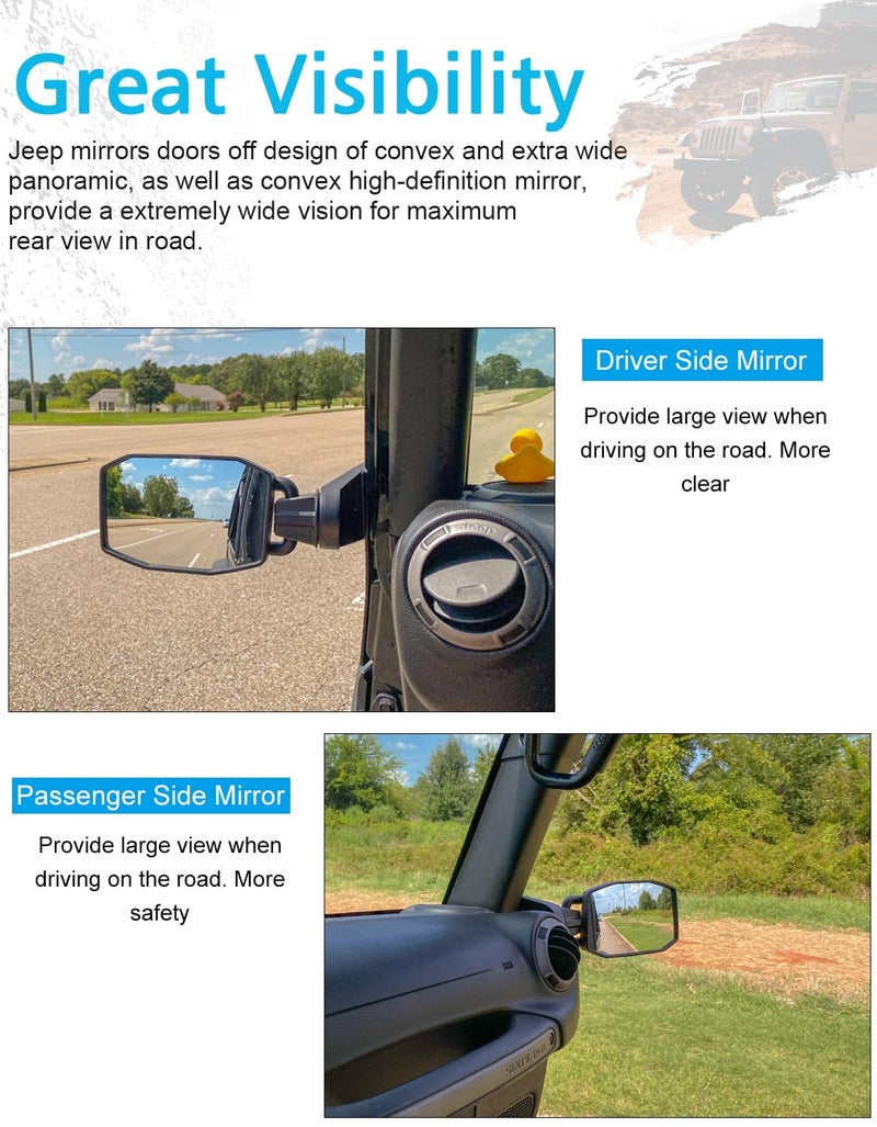 SUNPIE Mirrors Doors off Side Mirror Compatible with Jeep Wrangler JK JKU 2007-2018 2 Doors and 4 Doors, Shockproof Adjustable Wrangler JK Side Mirrors No Vibrate & Wobble, No Fit Doors on - Image 5