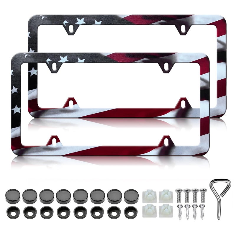 LIN KANG American Flag License Plate Frame Holder 2 Pack Patriotic Universal Aluminum Matte Stripe US Flag Gloss Car Plate Frame Covers with 4 Holes and Screws Fasteners Caps - Image 3