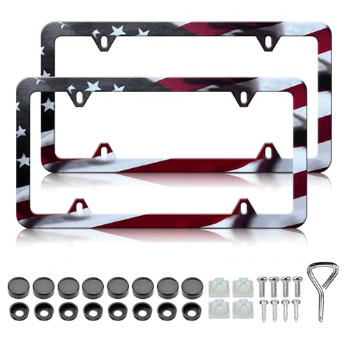 LIN KANG American Flag License Plate Frame Holder 2 Pack Patriotic Universal Aluminum Matte Stripe US Flag Gloss Car Plate Frame Covers with 4 Holes and Screws Fasteners Caps - Image 1