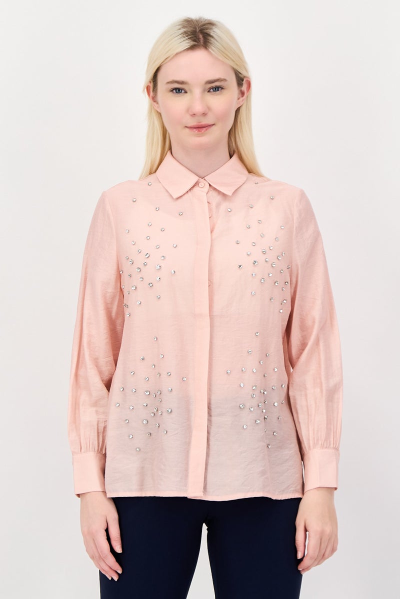 bebe Women Spread Collor Textured Long Sleeve Shirt, Peach - Image 1